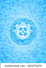 dumbbell icon inside realistic light blue emblem. Mosaic background