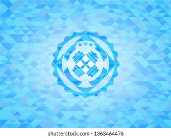 dumbbell icon inside realistic light blue mosaic emblem