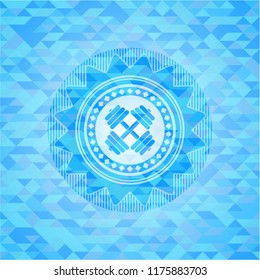 dumbbell icon inside realistic sky blue emblem. Mosaic background