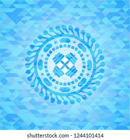 dumbbell icon inside realistic sky blue mosaic emblem