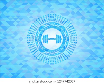 dumbbell icon inside realistic sky blue emblem. Mosaic background