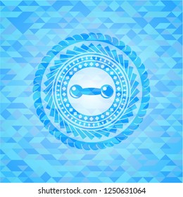 dumbbell icon inside realistic sky blue emblem. Mosaic background