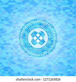 dumbbell icon inside realistic sky blue mosaic emblem