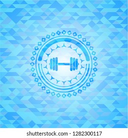 dumbbell icon inside realistic sky blue emblem. Mosaic background
