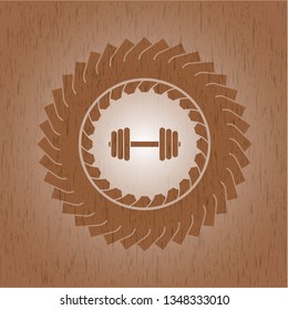 dumbbell icon inside realistic wooden emblem