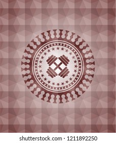 dumbbell icon inside red badge with geometric background. Seamless.