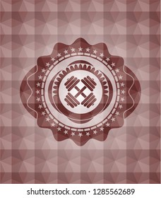 dumbbell icon inside red badge with geometric pattern. Seamless.