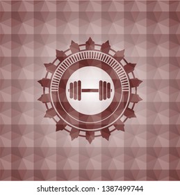 dumbbell icon inside red badge with geometric background. Seamless.