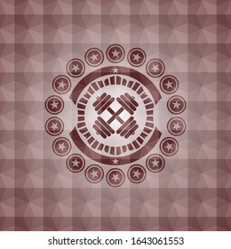 dumbbell icon inside red badge with geometric pattern background. Seamless.