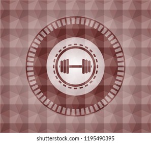 dumbbell icon inside red emblem with geometric pattern. Seamless.