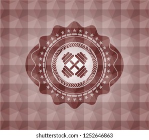 dumbbell icon inside red emblem with geometric background. Seamless.