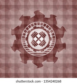 dumbbell icon inside red emblem or badge with abstract geometric polygonal pattern background. Seamless.