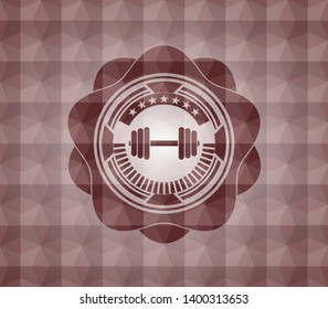 dumbbell icon inside red emblem or badge with abstract geometric pattern background. Seamless.