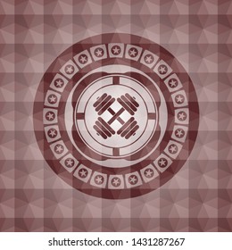 dumbbell icon inside red emblem with geometric pattern. Seamless.