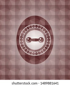 dumbbell icon inside red emblem or badge with geometric pattern background. Seamless.