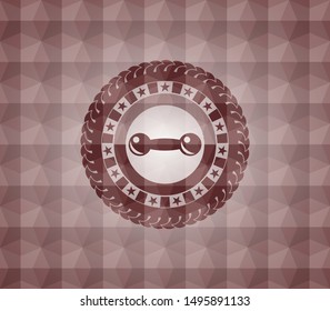 dumbbell icon inside red emblem or badge with geometric pattern background. Seamless.