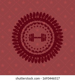 dumbbell icon inside red emblem. Retro