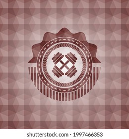 dumbbell icon inside red emblem or badge with geometric pattern background. Seamless. 