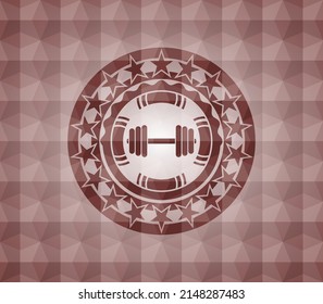 dumbbell icon inside red emblem with geometric background. Seamless. 