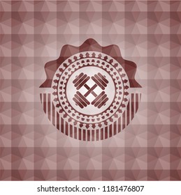 dumbbell icon inside red geometric emblem. Seamless.