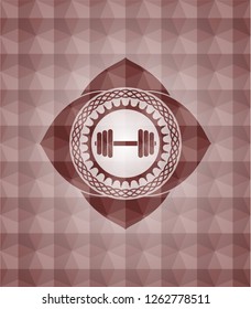 dumbbell icon inside red geometric badge. Seamless.