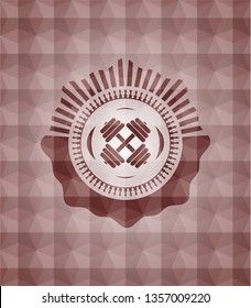 dumbbell icon inside red geometric pattern emblem. Seamless.