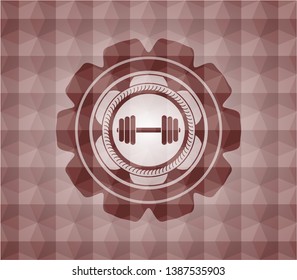 dumbbell icon inside red geometric pattern emblem. Seamless.