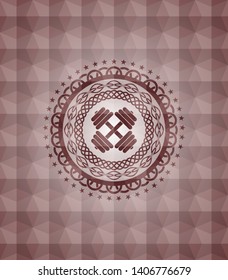 dumbbell icon inside red geometric pattern emblem. Seamless.