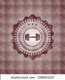dumbbell icon inside red polygonal badge. Seamless.
