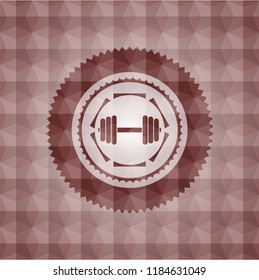 dumbbell icon inside red seamless polygonal badge.