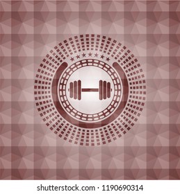 dumbbell icon inside red seamless badge with geometric pattern background.
