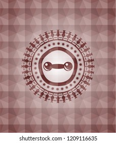 dumbbell icon inside red seamless emblem or badge with geometric pattern background.