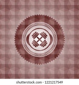dumbbell icon inside red seamless emblem or badge with abstract geometric polygonal pattern background.