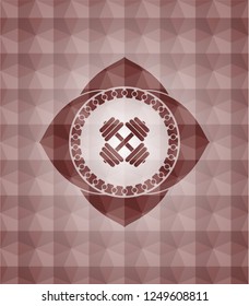 dumbbell icon inside red seamless geometric pattern emblem. Seamless.