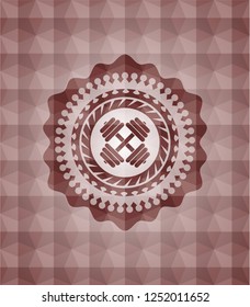 dumbbell icon inside red seamless emblem or badge with abstract geometric pattern background.