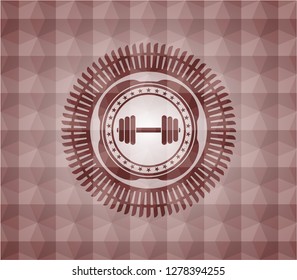 dumbbell icon inside red seamless emblem with geometric pattern.