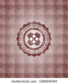 dumbbell icon inside red seamless emblem or badge with abstract geometric polygonal pattern background.