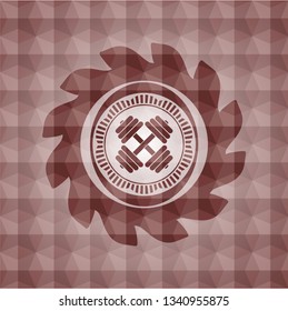 dumbbell icon inside red seamless emblem with geometric pattern background.