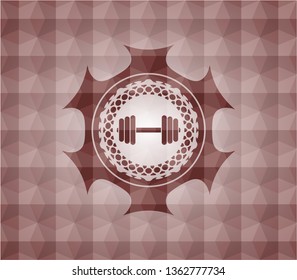 dumbbell icon inside red seamless geometric pattern emblem. Seamless.