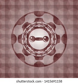dumbbell icon inside red seamless emblem or badge with abstract geometric pattern background.