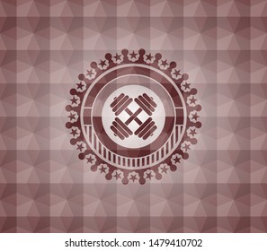 dumbbell icon inside red seamless polygonal badge.