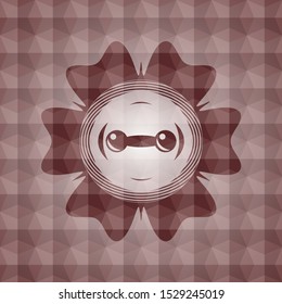 dumbbell icon inside red seamless emblem with geometric pattern.