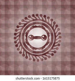 dumbbell icon inside red seamless emblem with geometric background.