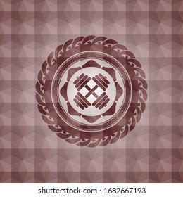 icono de dobladillo dentro de emblema o placa sin costura roja con fondo abstracto geométrico de patrón poligonal.