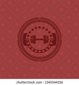 dumbbell icon inside retro red emblem