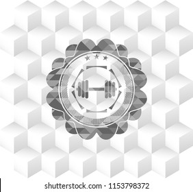 dumbbell icon inside retro style grey emblem with geometric cube white background
