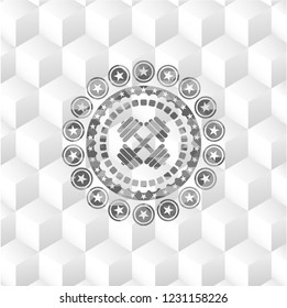 dumbbell icon inside retro style grey emblem with geometric cube white background