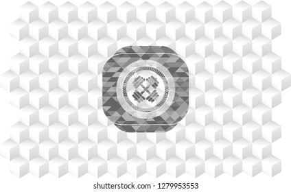 dumbbell icon inside retro style grey emblem with geometric cube white background