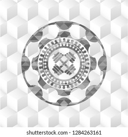 dumbbell icon inside retro style grey emblem with geometric cube white background