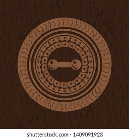 dumbbell icon inside retro style wooden emblem